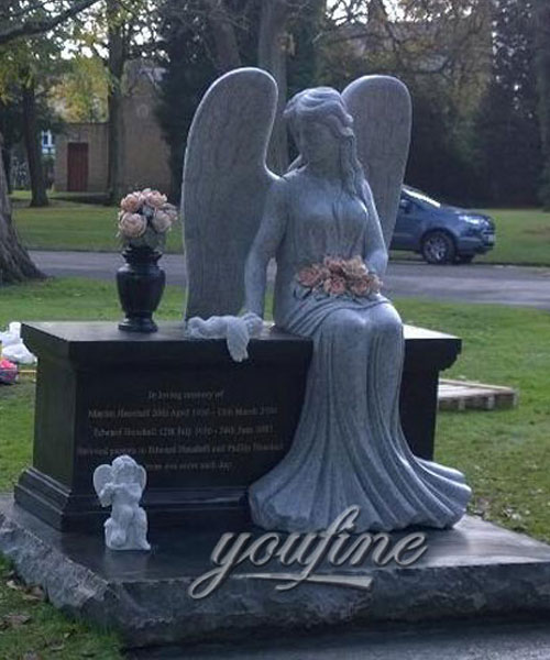 Customized granite stone angel hold flower with grave decoration cherub and vase