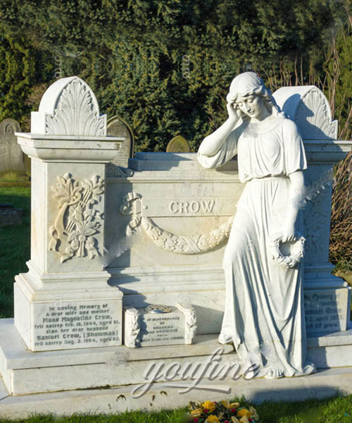 White marble angel hold garland gravestone design