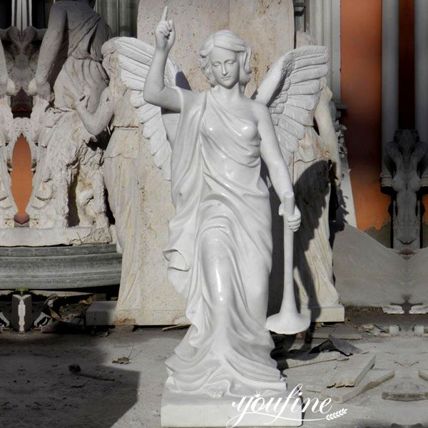 Pure Marble Holding Trumpet Angel Statues for Garden Supplier MOKK-171