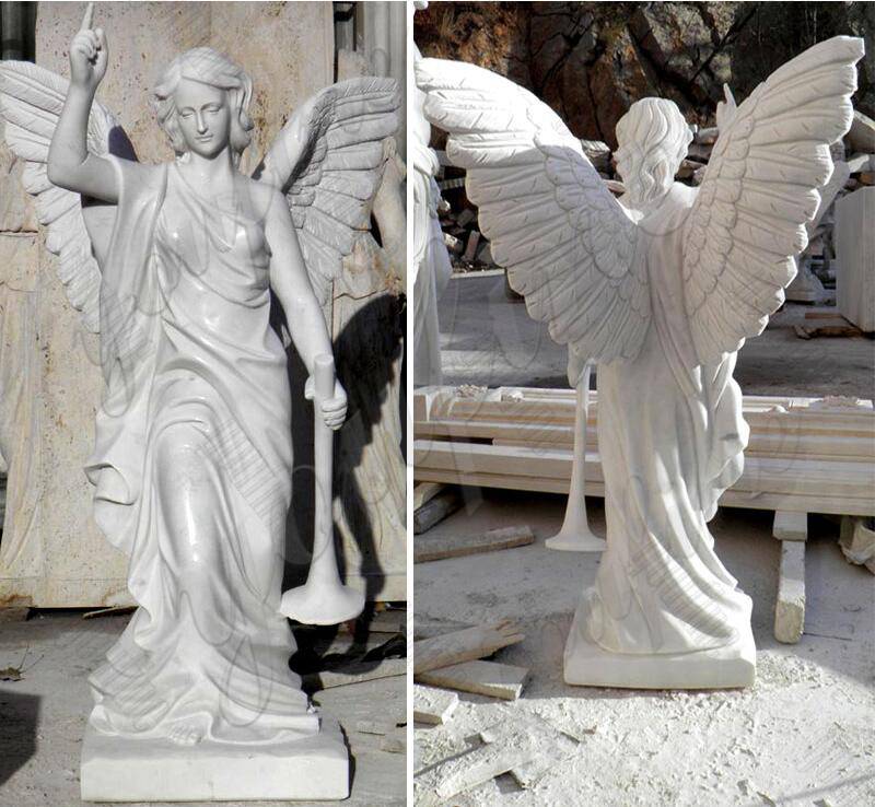 Pure Marble Holding Trumpet Angel Statues for Garden MOKK-171