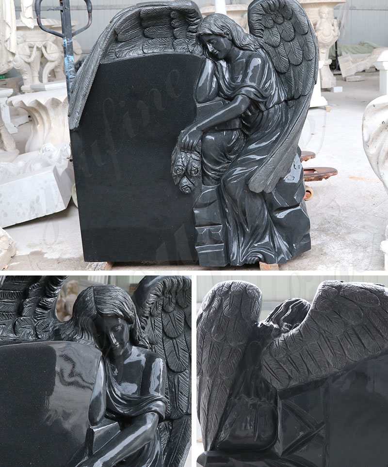 Black Granite Headstone Wepping Angel Statue