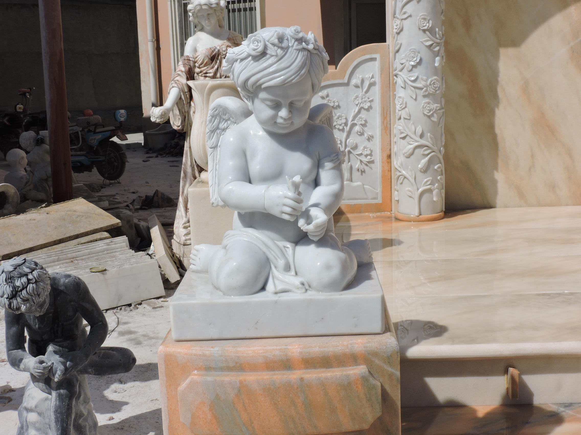 High Polished Marble Headstone with Angel Statue for