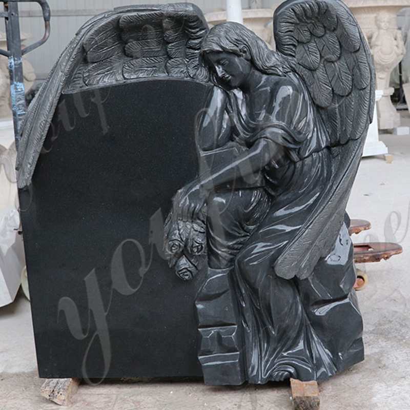 Black Granite Headstone Wepping Angel Statue Memorials for