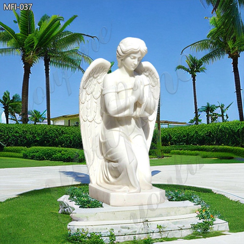 White Hand Carved Marble Kneeling Praying Angel Statue